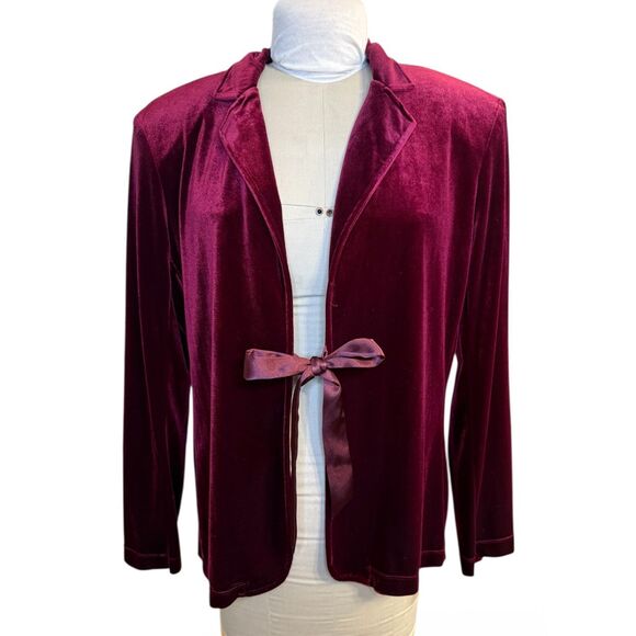 Notations Vintage Velvet Open Front Blazer Satin Tie Sz. XL Burgundy - Picture 1 of 9